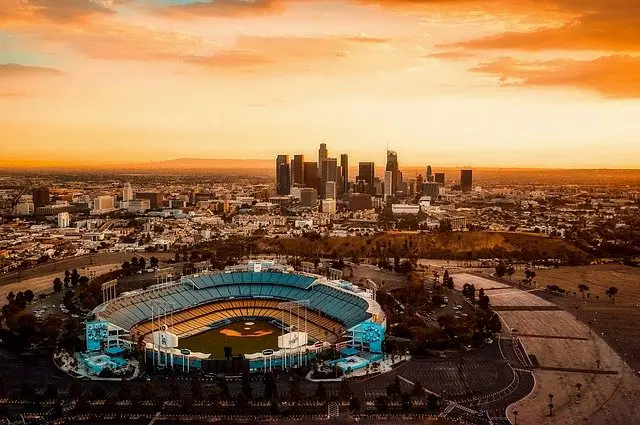 los angeles ball park and city behind